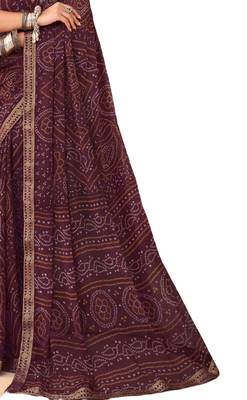 Wine printed chiffon bandhani saree with blouse 3
