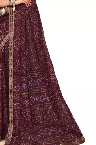Wine printed chiffon bandhani saree with blouse