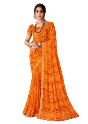 Saffron printed chiffon bandhani saree with blouse 1