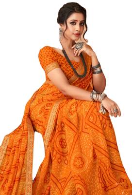 Saffron printed chiffon bandhani saree with blouse 2