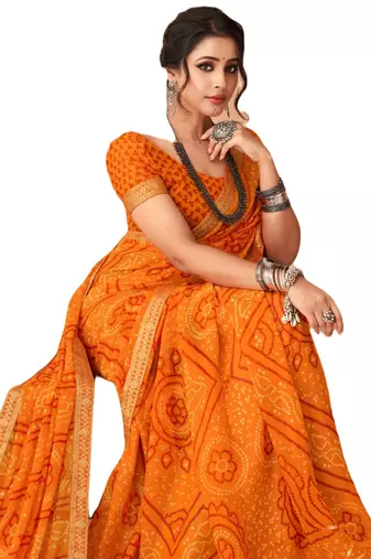 Saffron printed chiffon bandhani saree with blouse