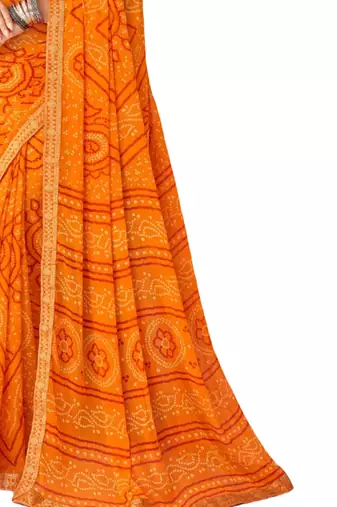 Saffron printed chiffon bandhani saree with blouse