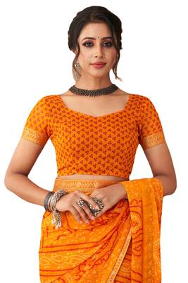 Saffron printed chiffon bandhani saree with blouse 4