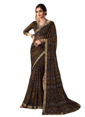 Black printed chiffon bandhani saree with blouse 1