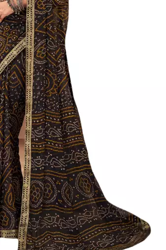 Black printed chiffon bandhani saree with blouse