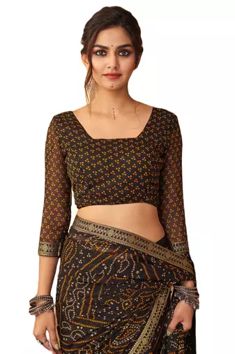 Black printed chiffon bandhani saree with blouse