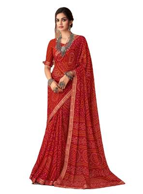 Red printed chiffon bandhani saree with blouse 1