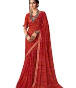 Red printed chiffon bandhani saree with blouse