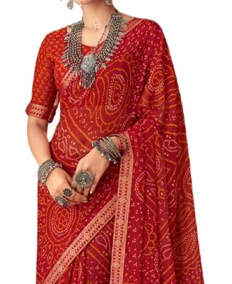 Red printed chiffon bandhani saree with blouse 2