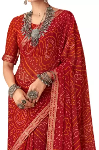 Red printed chiffon bandhani saree with blouse
