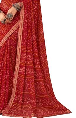 Red printed chiffon bandhani saree with blouse 3