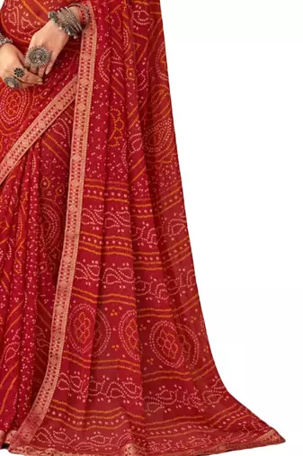Red printed chiffon bandhani saree with blouse