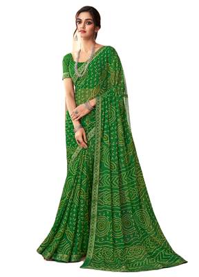 Green printed chiffon bandhani saree with blouse 1