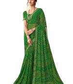 Green printed chiffon bandhani saree with blouse