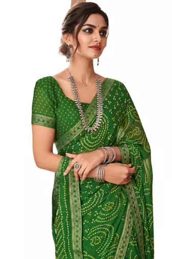 Green printed chiffon bandhani saree with blouse