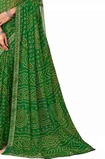 Green printed chiffon bandhani saree with blouse
