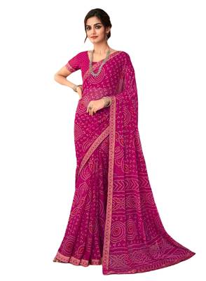 Magenta printed chiffon bandhani saree with blouse 1