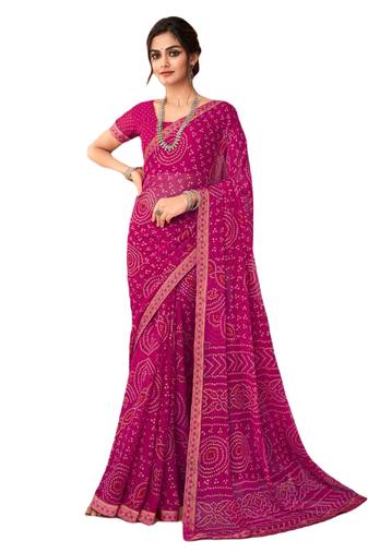 Magenta printed chiffon bandhani saree with blouse