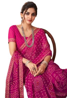 Magenta printed chiffon bandhani saree with blouse 2