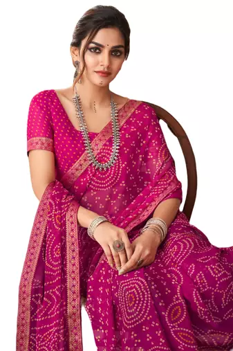 Magenta printed chiffon bandhani saree with blouse