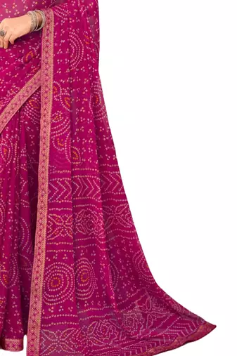 Magenta printed chiffon bandhani saree with blouse