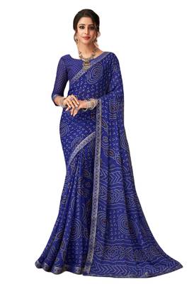 Blue printed chiffon bandhani saree with blouse 1