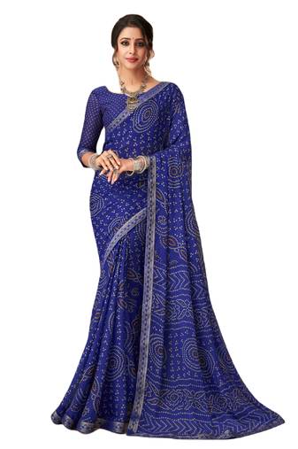Blue printed chiffon bandhani saree with blouse