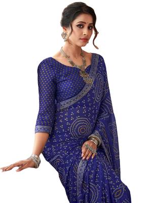 Blue printed chiffon bandhani saree with blouse 2