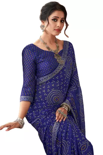 Blue printed chiffon bandhani saree with blouse