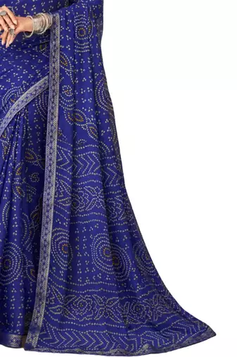 Blue printed chiffon bandhani saree with blouse