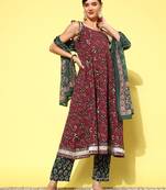  floral printed pleated gotta patti pure cotton kurta with trousers & dupatta