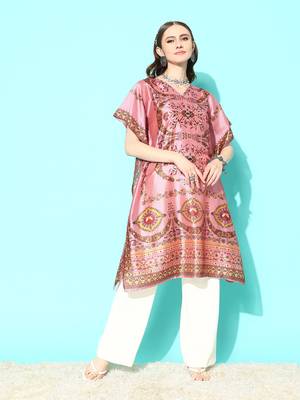 women pink ethnic motifs kaftan kurta 1