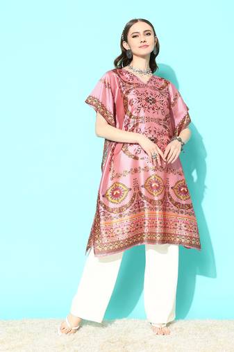 Yufta women pink ethnic motifs kaftan kurta