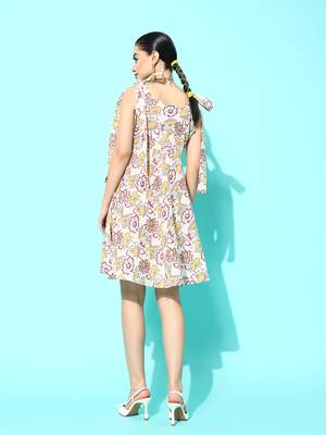 women off white and yellow a-line shoulder tie-up dress 3