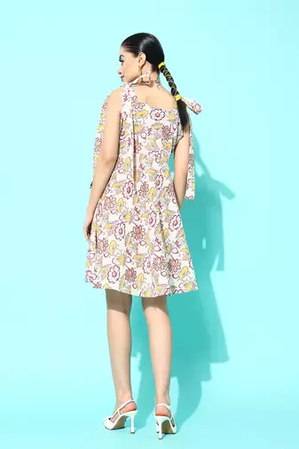 women off white and yellow a-line shoulder tie-up dress