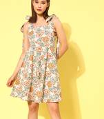  off white and sea green a-line shoulder tie-up dress