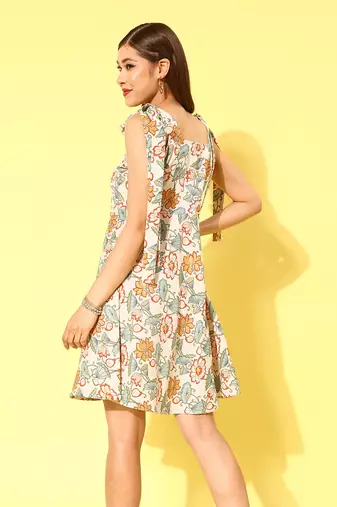  off white and sea green a-line shoulder tie-up dress
