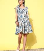 women off white and blue a-line shoulder tie-up dress