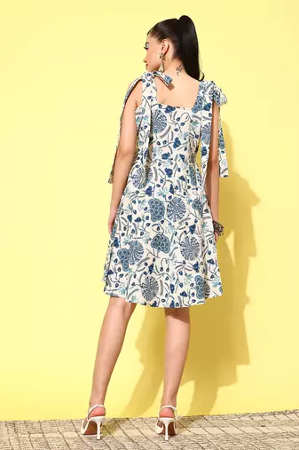 women off white and blue a-line shoulder tie-up dress