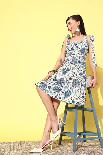women off white and blue a-line shoulder tie-up dress