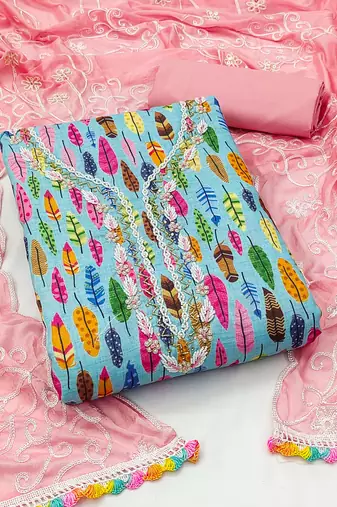 Sky Blue Glace Cotton Hand Work Dress Material