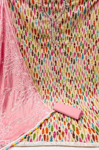 Yellow Glace Cotton Hand Work Dress Material