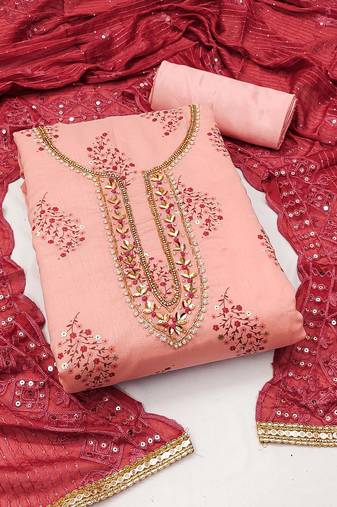 Peach Modal Hand Work Dress Material With Inner