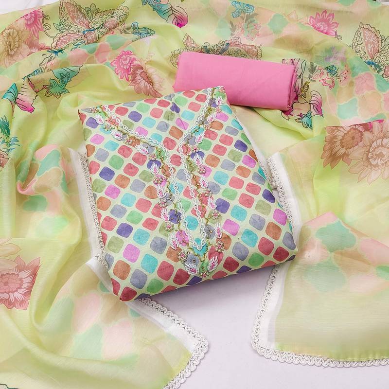 Kimisha women's green cambric cotton hand work and printed dress material