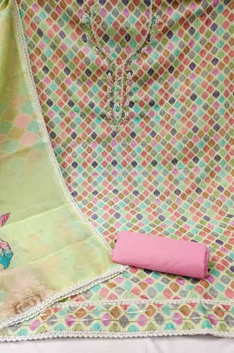 Kimisha women's green cambric cotton hand work and printed dress material