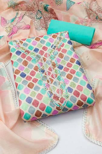 Kimisha women's peach cambric cotton hand work and printed dress material