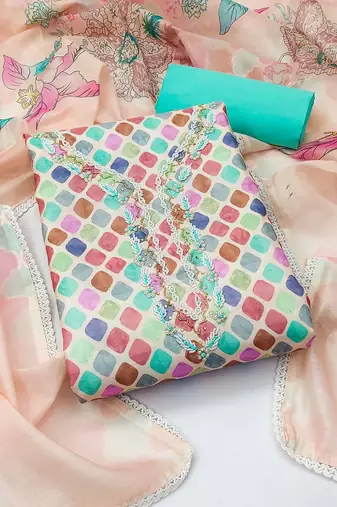 Kimisha women's peach cambric cotton hand work and printed dress material