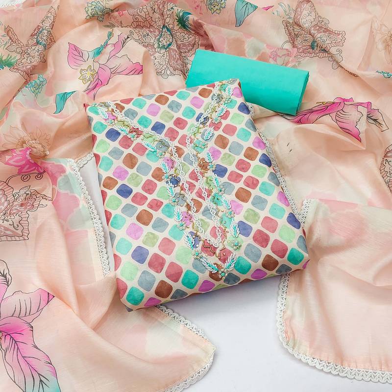 Kimisha women's peach cambric cotton hand work and printed dress material