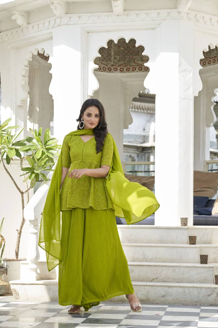 Lime green ethnic motifs embroidered  kurta with palazzo and dupatta