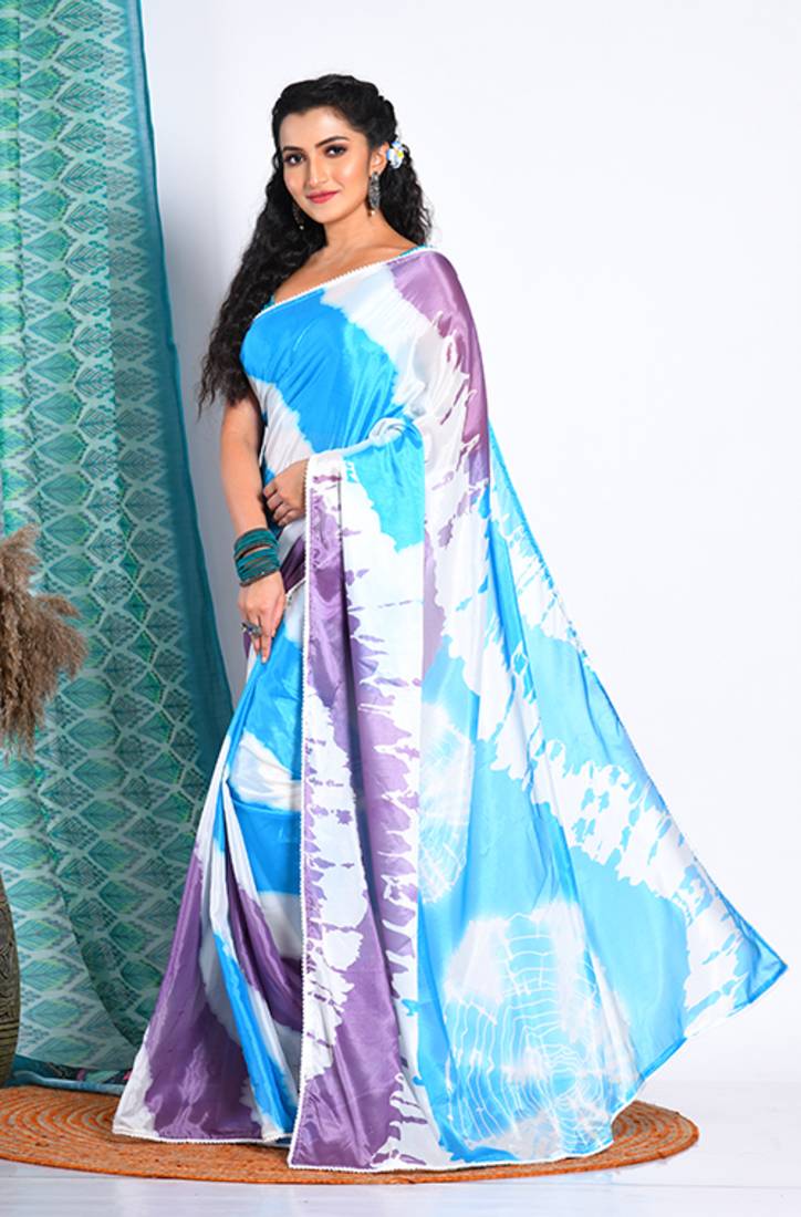 Tye And Dye Pattern Digital Print Chiffon Saree With Blouse Piece - Multicolor